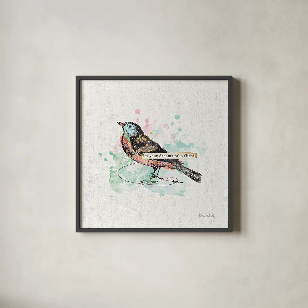 Thoughtful Wings II by Katie Pertiet. Shown in a sleek black glass frame for a contemporary gallery look. Available as an archival giclee rolled canvas, fine art paper, or poster print. SKU 37577a.