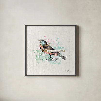 Thoughtful Wings II by Katie Pertiet. Shown in a sleek black glass frame for a contemporary gallery look. Available as an archival giclee rolled canvas, fine art paper, or poster print. SKU 37577a.