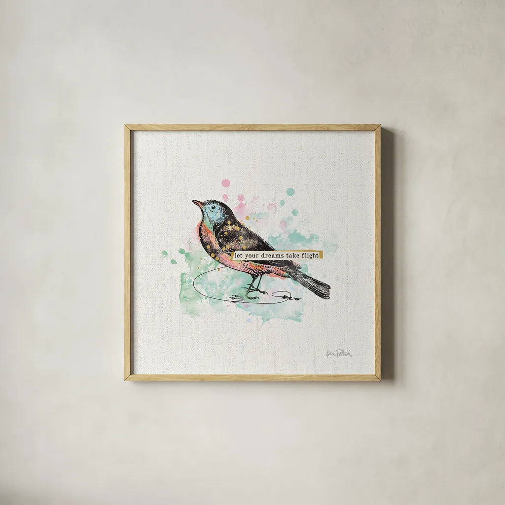 Thoughtful Wings II by Katie Pertiet. Shown in a natural wood glass frame for a timeless modern aesthetic. Available as an archival giclee rolled canvas, fine art paper, or poster print. SKU 37577a.