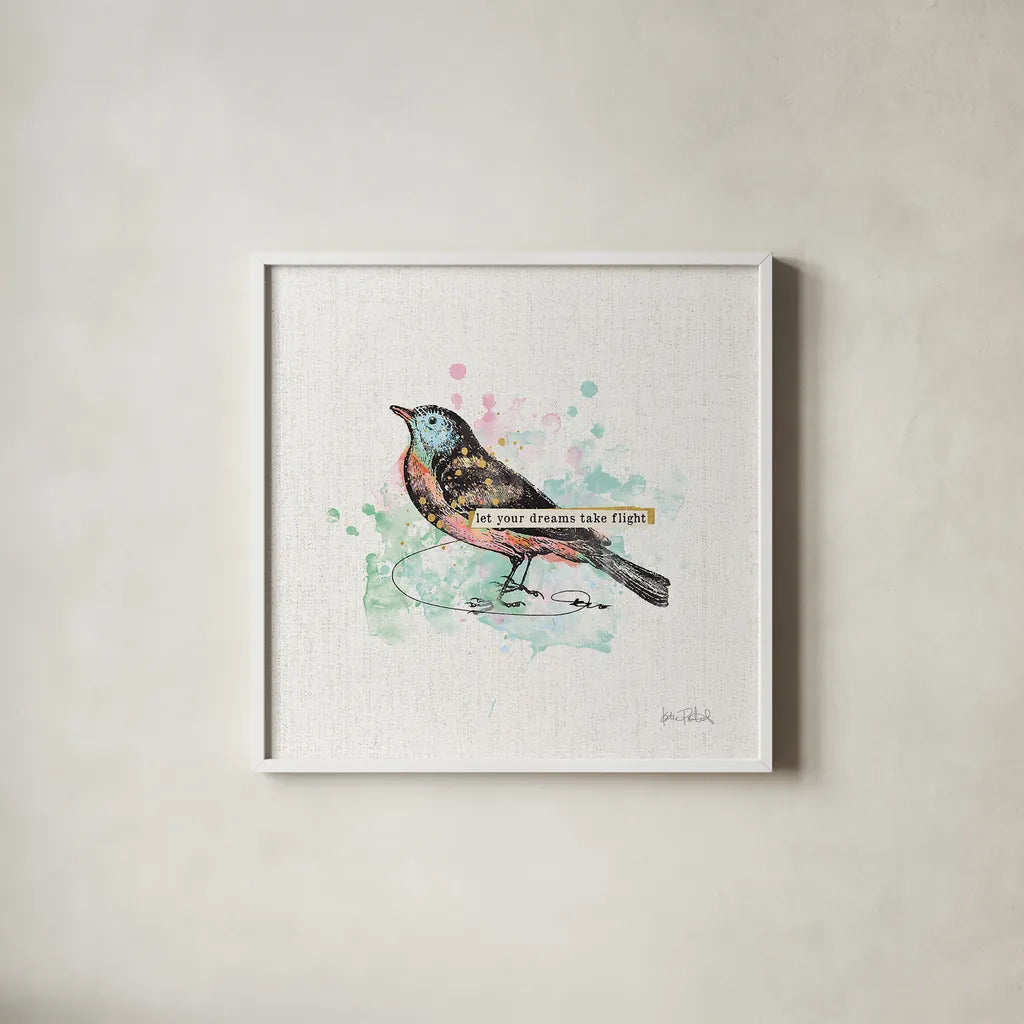 Thoughtful Wings II by Katie Pertiet. Shown in a crisp white glass frame for a clean and minimalist style. Available as an archival giclee rolled canvas, fine art paper, or poster print. SKU 37577a.