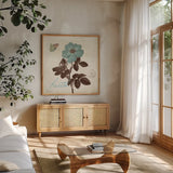 Touch of Blue II Faith by Katie Pertiet. Shown in a natural wood frame in a cozy modern living room. Available as an archival giclee rolled canvas, fine art paper, or poster print. SKU 2739a.