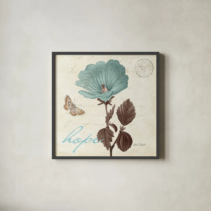 Touch of Blue III Hope by Katie Pertiet. Shown in a sleek black glass frame for a contemporary gallery look. Available as an archival giclee rolled canvas, fine art paper, or poster print. SKU 10268a.