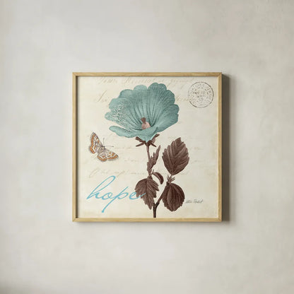 Touch of Blue III Hope by Katie Pertiet. Shown in a natural wood glass frame for a timeless modern aesthetic. Available as an archival giclee rolled canvas, fine art paper, or poster print. SKU 10268a.