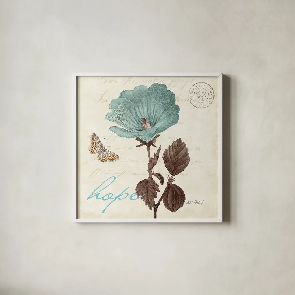 Touch of Blue III Hope by Katie Pertiet. Shown in a crisp white glass frame for a clean and minimalist style. Available as an archival giclee rolled canvas, fine art paper, or poster print. SKU 10268a.