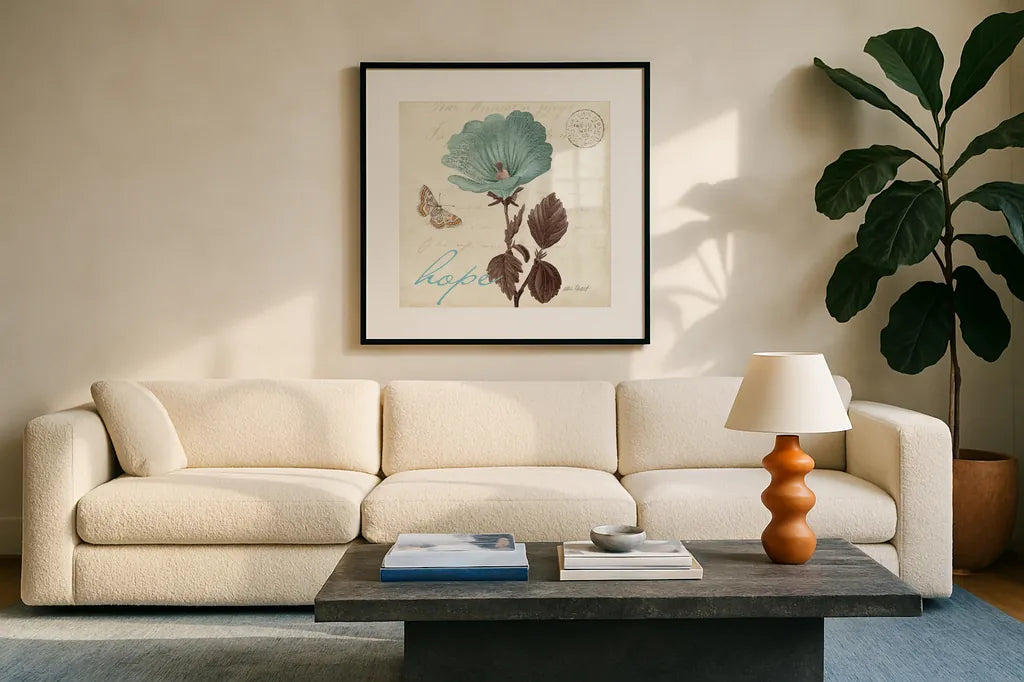 Touch of Blue III Hope by Katie Pertiet. Displayed in a glass frame with matte in a clean modern living room. Available as an archival giclee rolled canvas, fine art paper, or poster print. SKU 10268a.