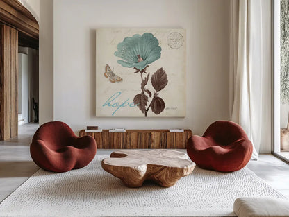 Touch of Blue III Hope by Katie Pertiet. Shown as extra-large giant wall art in a modern living room. Available as an archival giclee rolled canvas, fine art paper, or poster print. SKU 10268a.