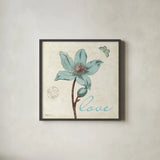 Touch of Blue IV Love by Katie Pertiet. Shown in a sleek black glass frame for a contemporary gallery look. Available as an archival giclee rolled canvas, fine art paper, or poster print. SKU 2945a.