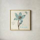 Touch of Blue IV Love by Katie Pertiet. Shown in a natural wood glass frame for a timeless modern aesthetic. Available as an archival giclee rolled canvas, fine art paper, or poster print. SKU 2945a.