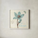 Touch of Blue IV Love by Katie Pertiet. Shown in a crisp white glass frame for a clean and minimalist style. Available as an archival giclee rolled canvas, fine art paper, or poster print. SKU 2945a.