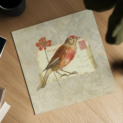 Traveler Bird I by Katie Pertiet. Shown as a detailed flat fine art print, highlighting archival giclee quality. Available as an archival giclee rolled canvas, fine art paper, or poster print. SKU 5972a.