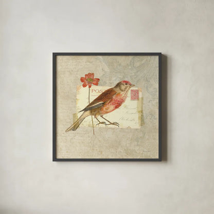Traveler Bird I by Katie Pertiet. Shown in a sleek black glass frame for a contemporary gallery look. Available as an archival giclee rolled canvas, fine art paper, or poster print. SKU 5972a.
