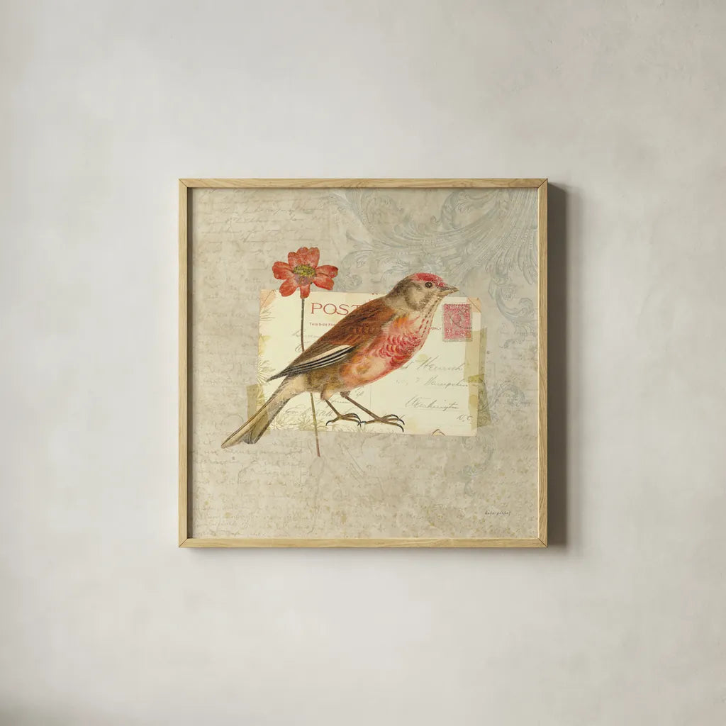Traveler Bird I by Katie Pertiet. Shown in a natural wood glass frame for a timeless modern aesthetic. Available as an archival giclee rolled canvas, fine art paper, or poster print. SKU 5972a.
