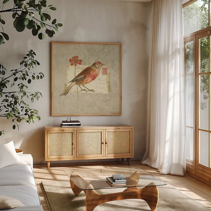 Traveler Bird I by Katie Pertiet. Shown in a natural wood frame in a cozy modern living room. Available as an archival giclee rolled canvas, fine art paper, or poster print. SKU 5972a.