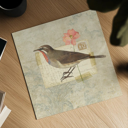 Traveler Bird II by Katie Pertiet. Shown as a detailed flat fine art print, highlighting archival giclee quality. Available as an archival giclee rolled canvas, fine art paper, or poster print. SKU 5973a.