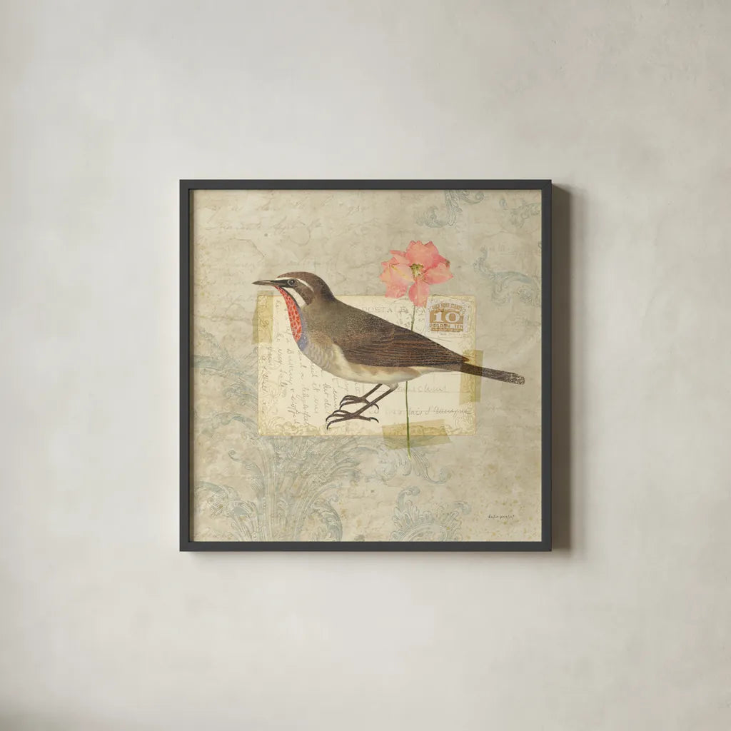 Traveler Bird II by Katie Pertiet. Shown in a sleek black glass frame for a contemporary gallery look. Available as an archival giclee rolled canvas, fine art paper, or poster print. SKU 5973a.