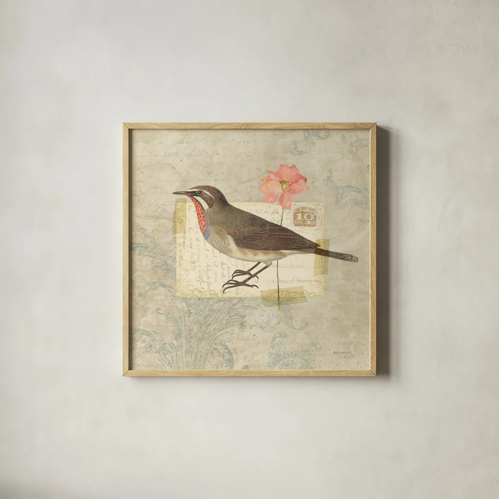 Traveler Bird II by Katie Pertiet. Shown in a natural wood glass frame for a timeless modern aesthetic. Available as an archival giclee rolled canvas, fine art paper, or poster print. SKU 5973a.