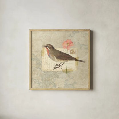 Traveler Bird II by Katie Pertiet. Shown in a natural wood glass frame for a timeless modern aesthetic. Available as an archival giclee rolled canvas, fine art paper, or poster print. SKU 5973a.