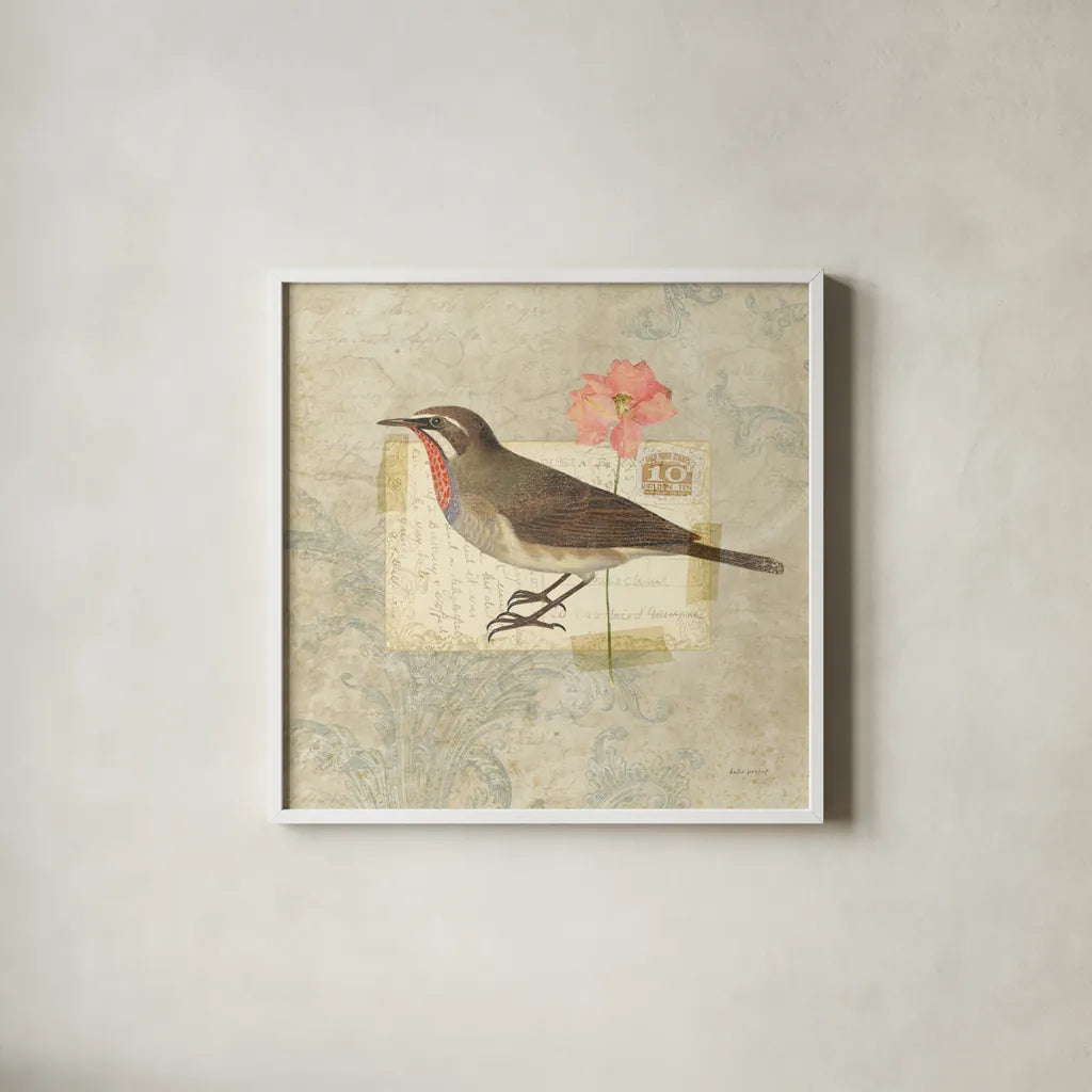 Traveler Bird II by Katie Pertiet. Shown in a crisp white glass frame for a clean and minimalist style. Available as an archival giclee rolled canvas, fine art paper, or poster print. SKU 5973a.
