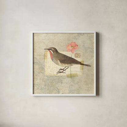 Traveler Bird II by Katie Pertiet. Shown in a crisp white glass frame for a clean and minimalist style. Available as an archival giclee rolled canvas, fine art paper, or poster print. SKU 5973a.