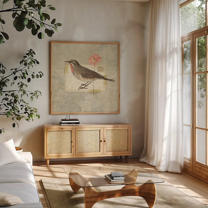 Traveler Bird II by Katie Pertiet. Shown in a natural wood frame in a cozy modern living room. Available as an archival giclee rolled canvas, fine art paper, or poster print. SKU 5973a.