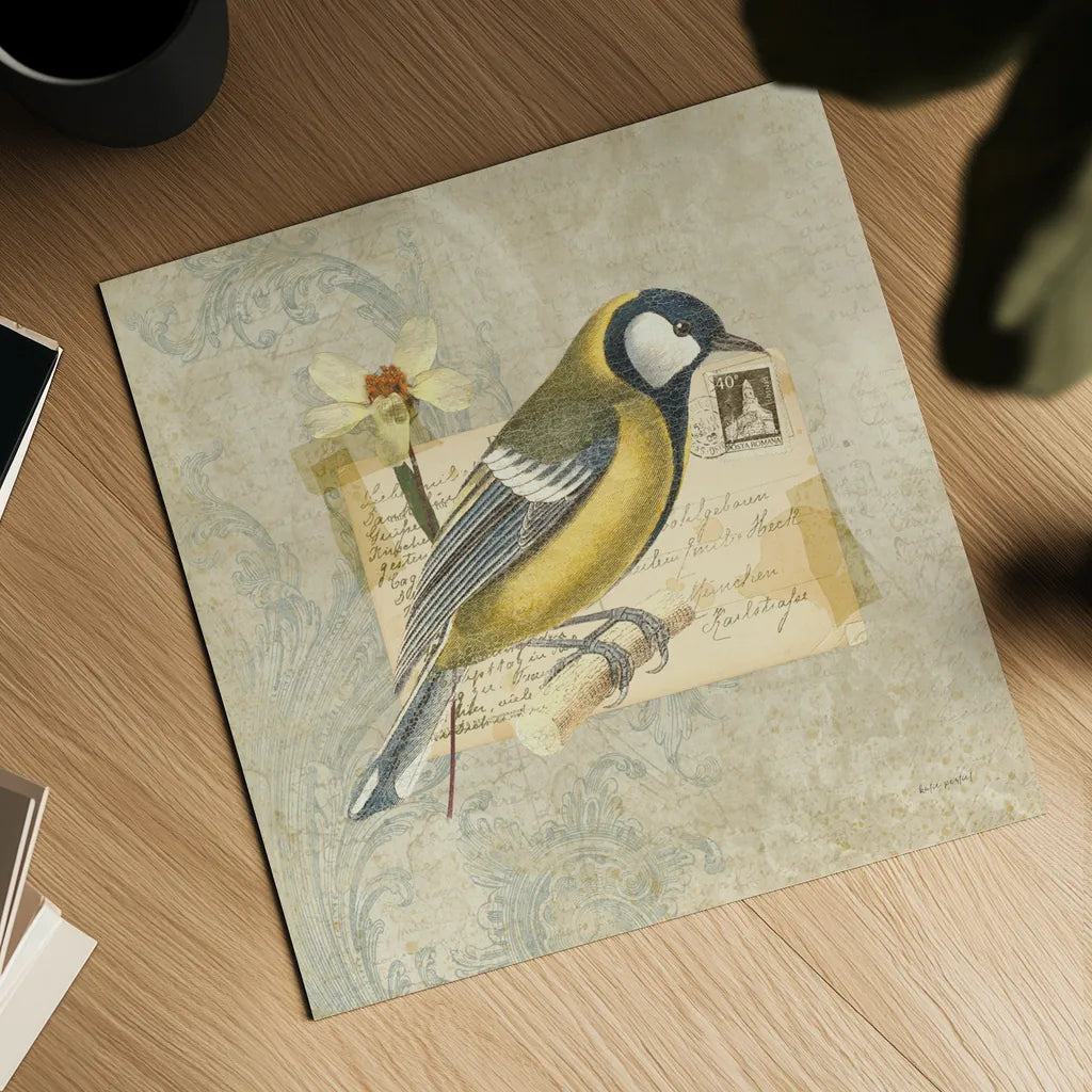 Traveler Bird III by Katie Pertiet. Shown as a detailed flat fine art print, highlighting archival giclee quality. Available as an archival giclee rolled canvas, fine art paper, or poster print. SKU 5974a.