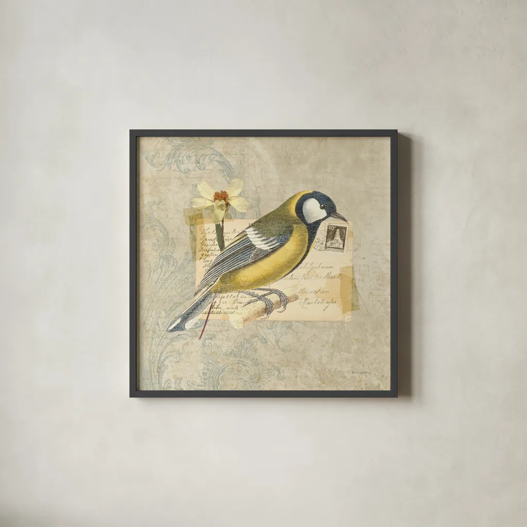 Traveler Bird III by Katie Pertiet. Shown in a sleek black glass frame for a contemporary gallery look. Available as an archival giclee rolled canvas, fine art paper, or poster print. SKU 5974a.