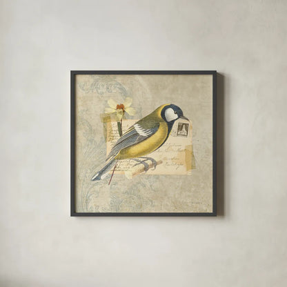 Traveler Bird III by Katie Pertiet. Shown in a sleek black glass frame for a contemporary gallery look. Available as an archival giclee rolled canvas, fine art paper, or poster print. SKU 5974a.
