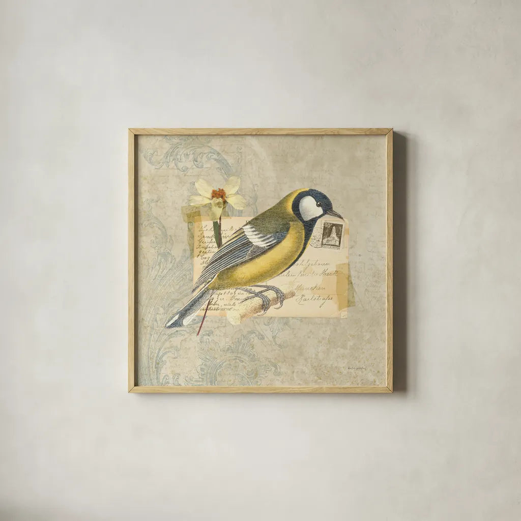 Traveler Bird III by Katie Pertiet. Shown in a natural wood glass frame for a timeless modern aesthetic. Available as an archival giclee rolled canvas, fine art paper, or poster print. SKU 5974a.