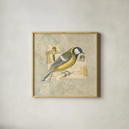 Traveler Bird III by Katie Pertiet. Shown in a natural wood glass frame for a timeless modern aesthetic. Available as an archival giclee rolled canvas, fine art paper, or poster print. SKU 5974a.