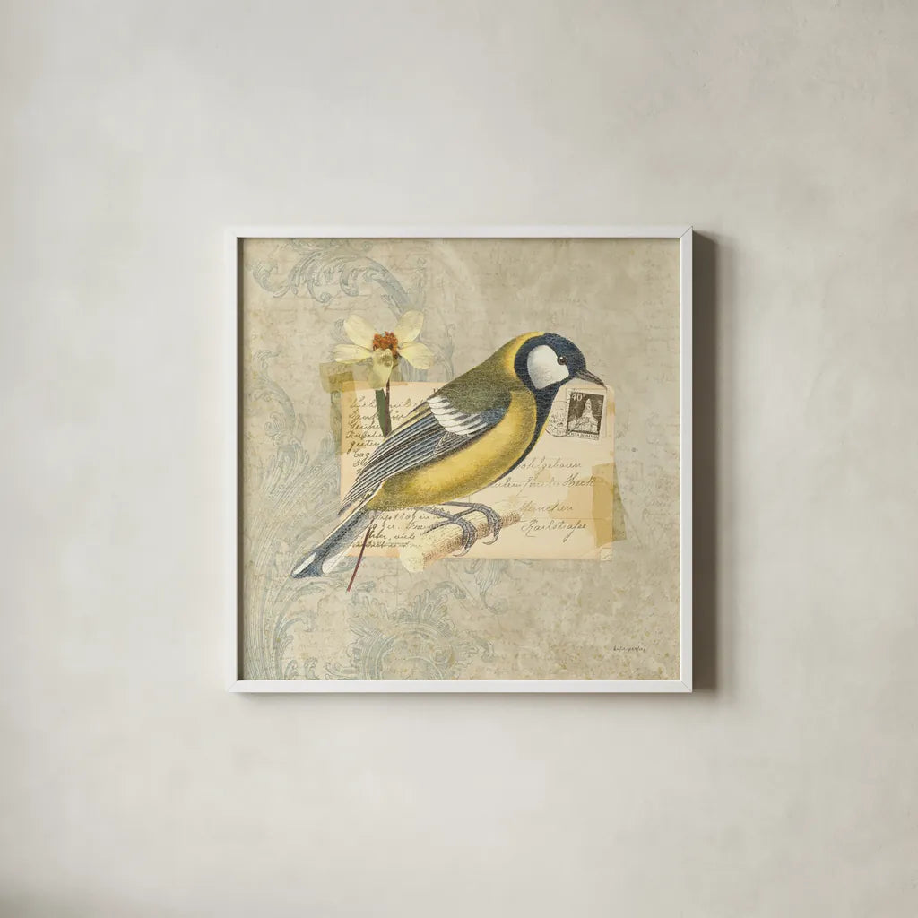 Traveler Bird III by Katie Pertiet. Shown in a crisp white glass frame for a clean and minimalist style. Available as an archival giclee rolled canvas, fine art paper, or poster print. SKU 5974a.