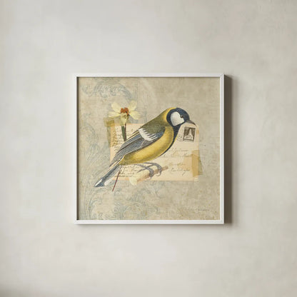 Traveler Bird III by Katie Pertiet. Shown in a crisp white glass frame for a clean and minimalist style. Available as an archival giclee rolled canvas, fine art paper, or poster print. SKU 5974a.