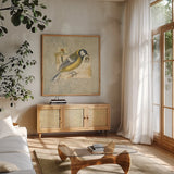 Traveler Bird III by Katie Pertiet. Shown in a natural wood frame in a cozy modern living room. Available as an archival giclee rolled canvas, fine art paper, or poster print. SKU 5974a.