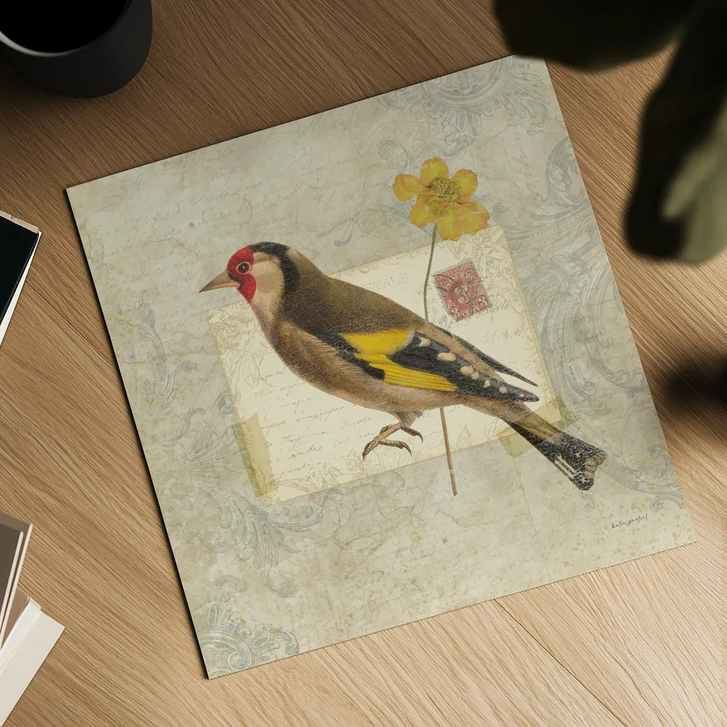 Traveler Bird IV by Katie Pertiet. Shown as a detailed flat fine art print, highlighting archival giclee quality. Available as an archival giclee rolled canvas, fine art paper, or poster print. SKU 5975a.