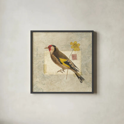 Traveler Bird IV by Katie Pertiet. Shown in a sleek black glass frame for a contemporary gallery look. Available as an archival giclee rolled canvas, fine art paper, or poster print. SKU 5975a.