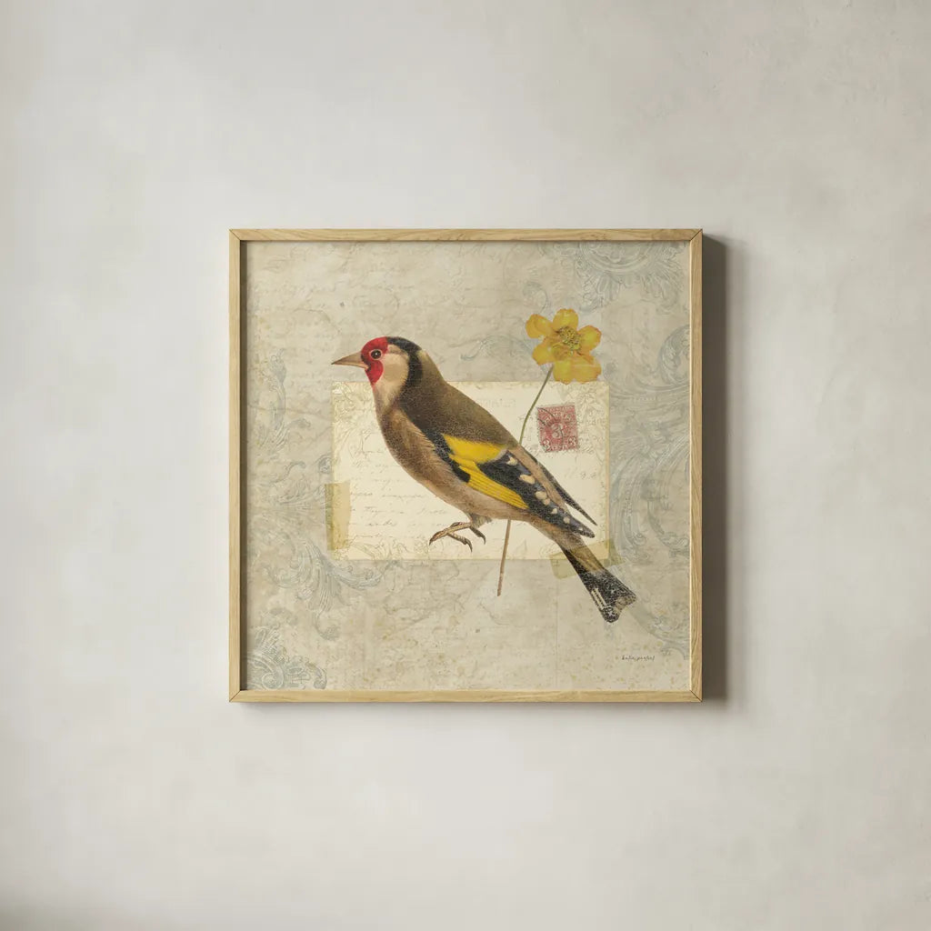 Traveler Bird IV by Katie Pertiet. Shown in a natural wood glass frame for a timeless modern aesthetic. Available as an archival giclee rolled canvas, fine art paper, or poster print. SKU 5975a.