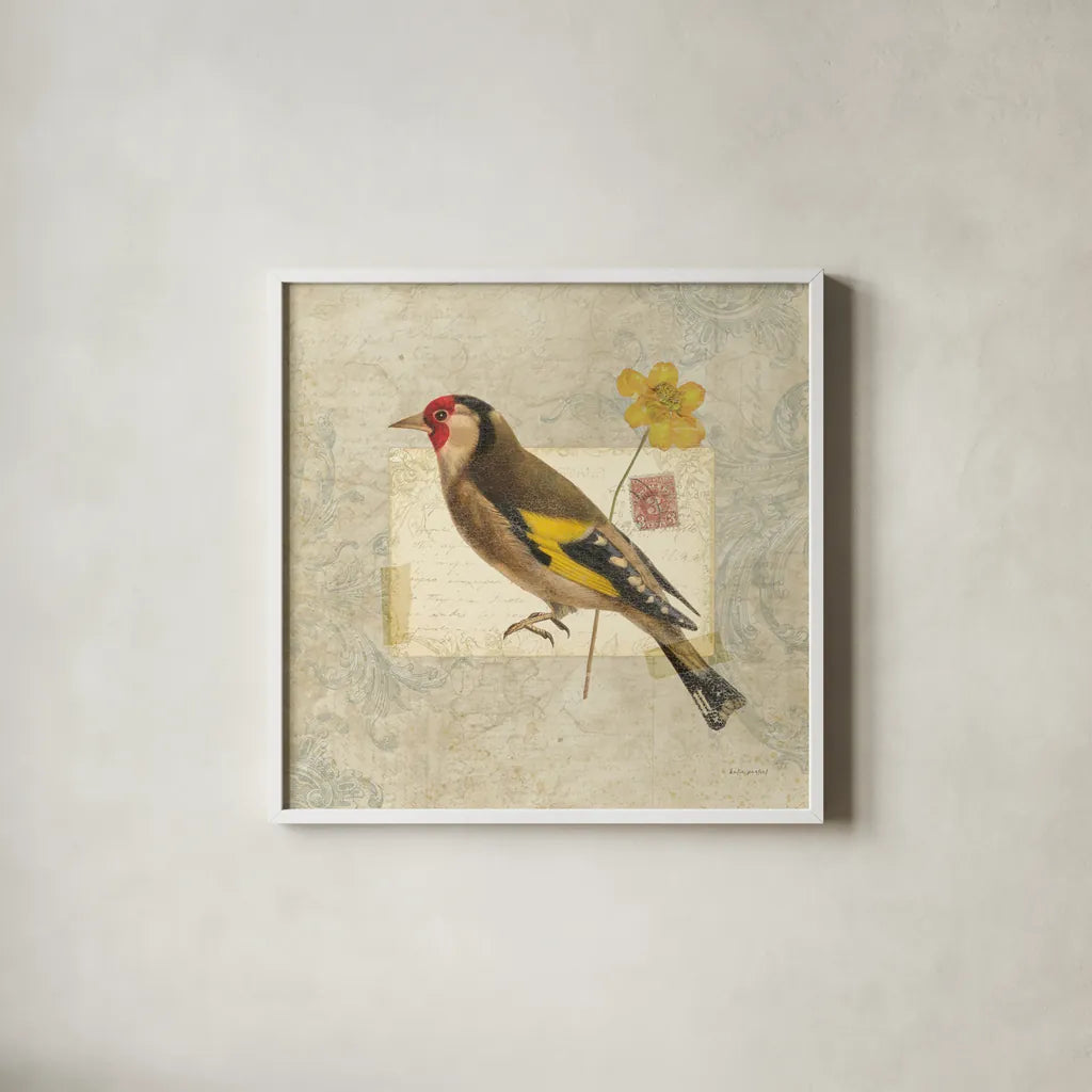 Traveler Bird IV by Katie Pertiet. Shown in a crisp white glass frame for a clean and minimalist style. Available as an archival giclee rolled canvas, fine art paper, or poster print. SKU 5975a.