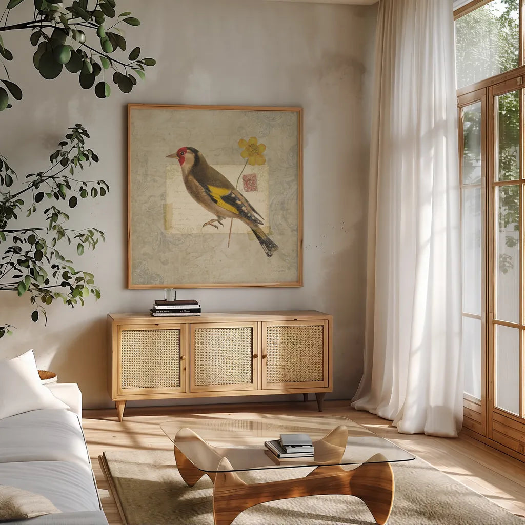 Traveler Bird IV by Katie Pertiet. Shown in a natural wood frame in a cozy modern living room. Available as an archival giclee rolled canvas, fine art paper, or poster print. SKU 5975a.