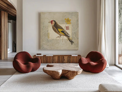 Traveler Bird IV by Katie Pertiet. Shown as extra-large giant wall art in a modern living room. Available as an archival giclee rolled canvas, fine art paper, or poster print. SKU 5975a.