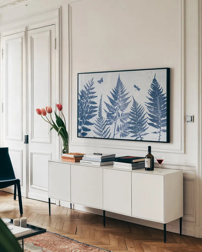 True Blue II by Katie Pertiet. shown as a framed stretched canvas in a living room above a console. Available as a archival giclee rolled canvas, fine art paper, or poster print. SKU 62862i.
