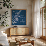 True Blue III by Katie Pertiet. Shown in a natural wood frame in a cozy modern living room. Available as an archival giclee rolled canvas, fine art paper, or poster print. SKU 62863a.