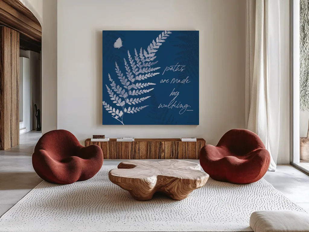 True Blue III by Katie Pertiet. Shown as extra-large giant wall art in a modern living room. Available as an archival giclee rolled canvas, fine art paper, or poster print. SKU 62863a.