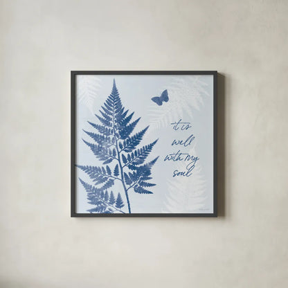 True Blue IV by Katie Pertiet. Shown in a sleek black glass frame for a contemporary gallery look. Available as an archival giclee rolled canvas, fine art paper, or poster print. SKU 62864a.