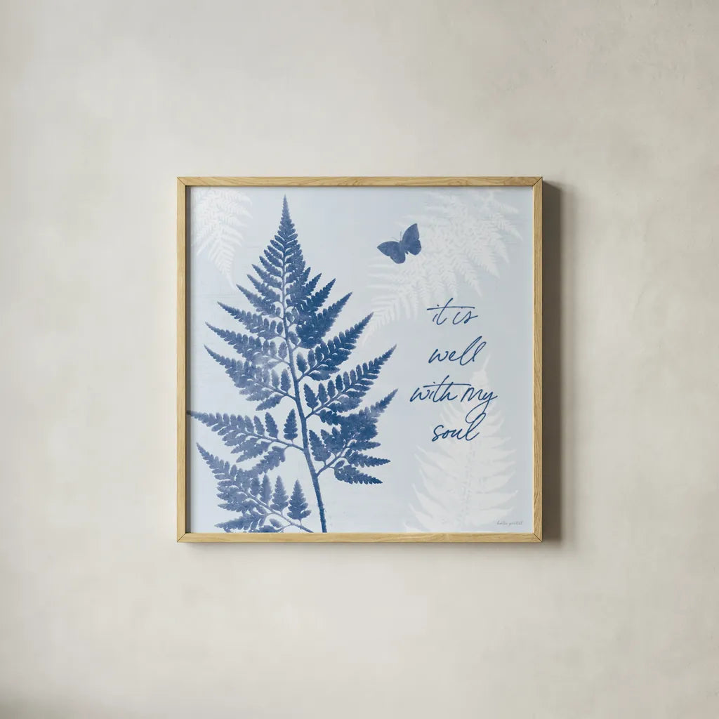 True Blue IV by Katie Pertiet. Shown in a natural wood glass frame for a timeless modern aesthetic. Available as an archival giclee rolled canvas, fine art paper, or poster print. SKU 62864a.