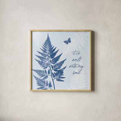 True Blue IV by Katie Pertiet. Shown in a natural wood glass frame for a timeless modern aesthetic. Available as an archival giclee rolled canvas, fine art paper, or poster print. SKU 62864a.