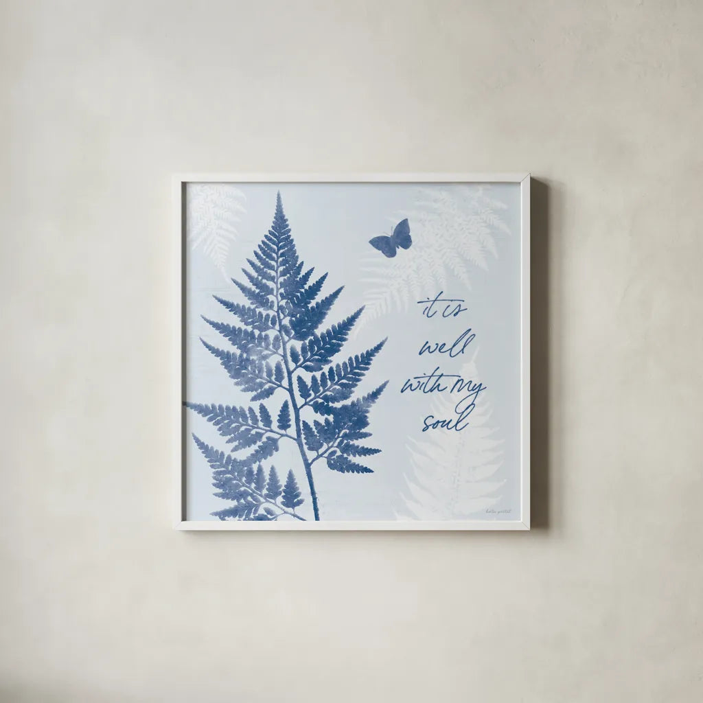 True Blue IV by Katie Pertiet. Shown in a crisp white glass frame for a clean and minimalist style. Available as an archival giclee rolled canvas, fine art paper, or poster print. SKU 62864a.