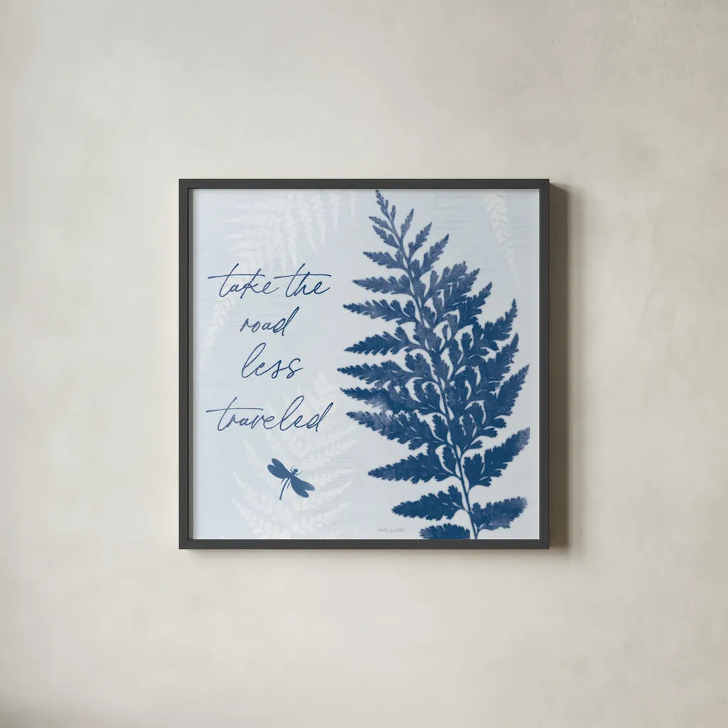 True Blue V by Katie Pertiet. Shown in a sleek black glass frame for a contemporary gallery look. Available as an archival giclee rolled canvas, fine art paper, or poster print. SKU 62865a.