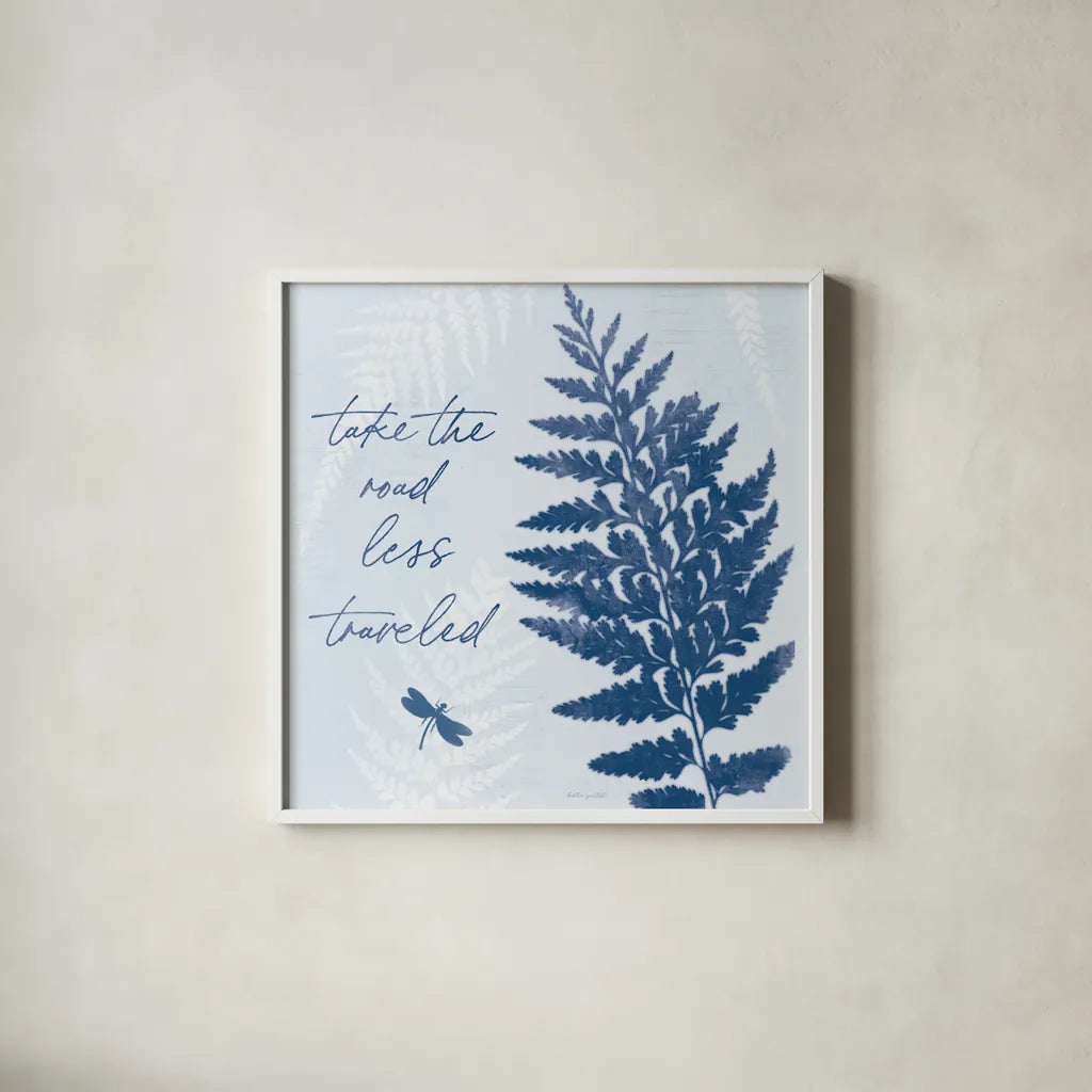 True Blue V by Katie Pertiet. Shown in a crisp white glass frame for a clean and minimalist style. Available as an archival giclee rolled canvas, fine art paper, or poster print. SKU 62865a.