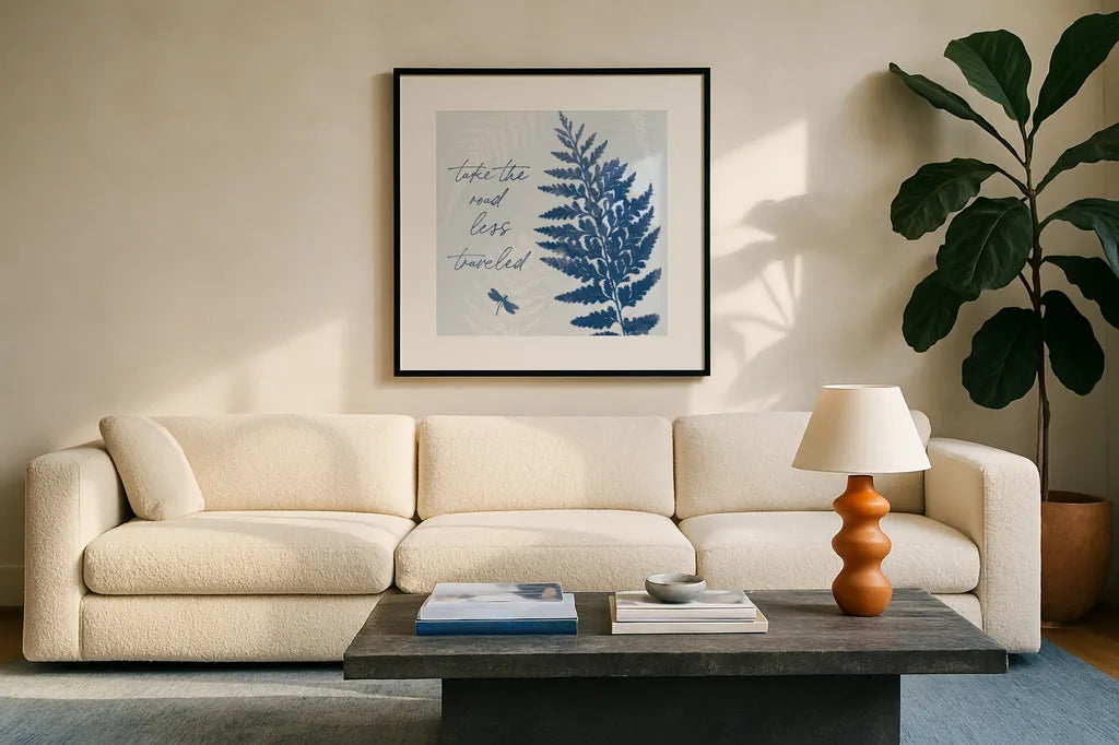 True Blue V by Katie Pertiet. Displayed in a glass frame with matte in a clean modern living room. Available as an archival giclee rolled canvas, fine art paper, or poster print. SKU 62865a.