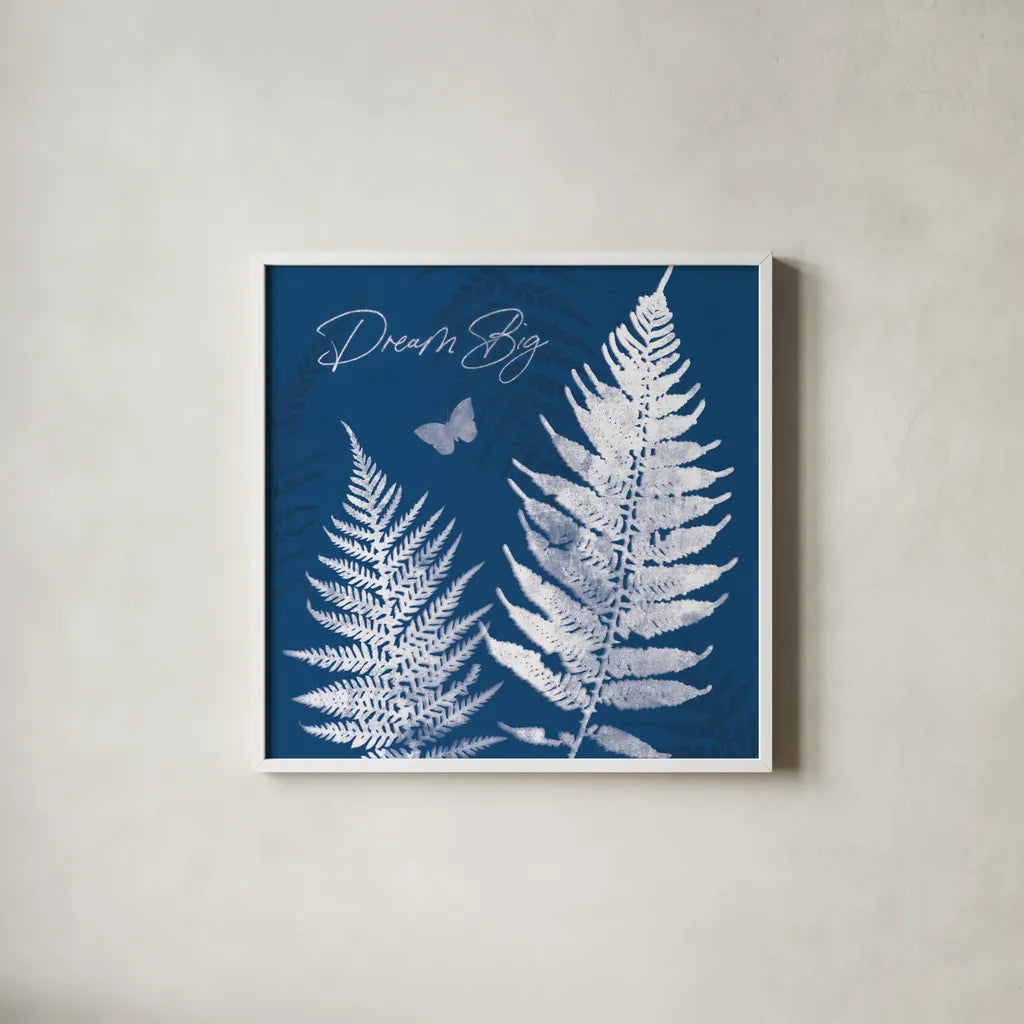 True Blue VI by Katie Pertiet. Shown in a crisp white glass frame for a clean and minimalist style. Available as an archival giclee rolled canvas, fine art paper, or poster print. SKU 62866a.