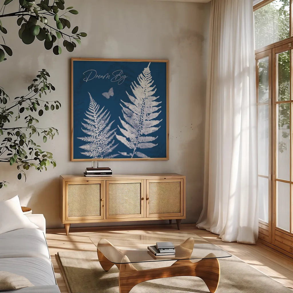 True Blue VI by Katie Pertiet. Shown in a natural wood frame in a cozy modern living room. Available as an archival giclee rolled canvas, fine art paper, or poster print. SKU 62866a.